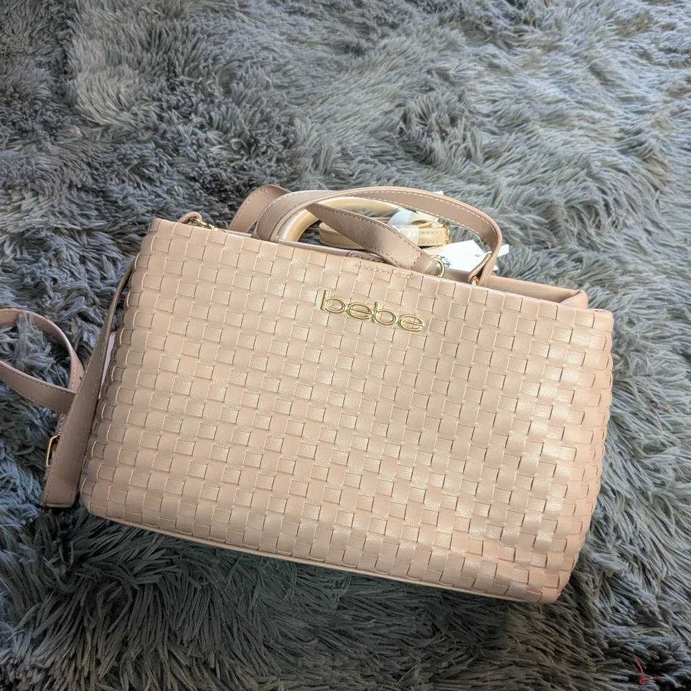 bebe Basketweave Satchel in Cream with Gold Hardware